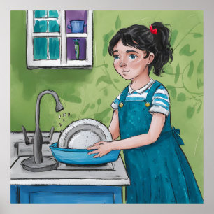 A girl washing dishes in a green kitchen. poster