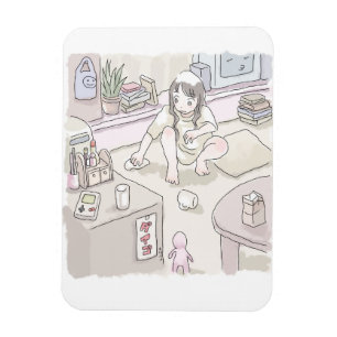 a girl who squatters down in a room to clean magnet