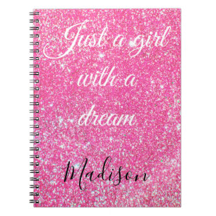 A GIRL WITH A DREAM Sparkle Hot Pink Glitter Notebook