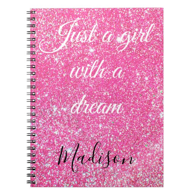 A GIRL WITH A DREAM Sparkle Hot Pink Glitter Notebook (Front)