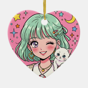 A girl with a lovely wink and a cute kitten ceramic tree decoration