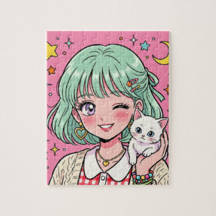 A girl with a lovely wink and a cute kitten jigsaw puzzle
