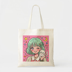 A girl with a lovely wink and a cute kitten tote bag
