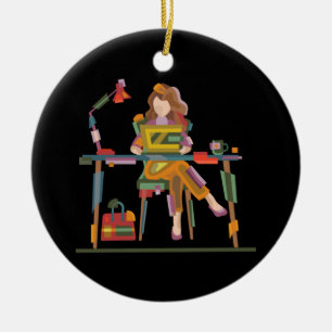 A GIRL WORKING SINCERELY IN LAPTOP  96 CERAMIC TREE DECORATION