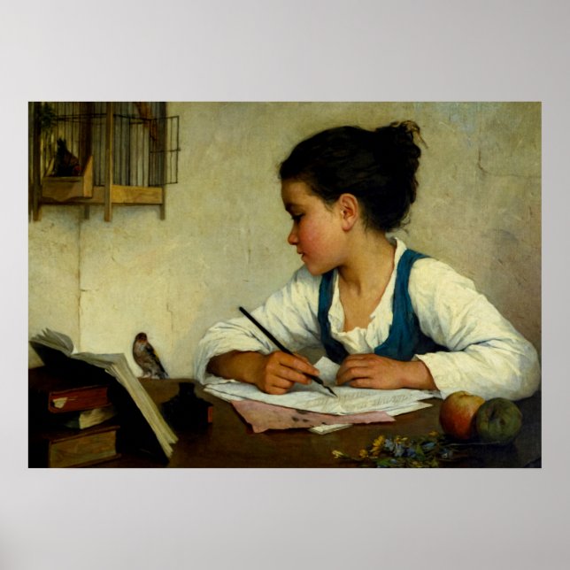 A Girl Writing, Pet Goldfinch by Henriette Browne Poster (Front)