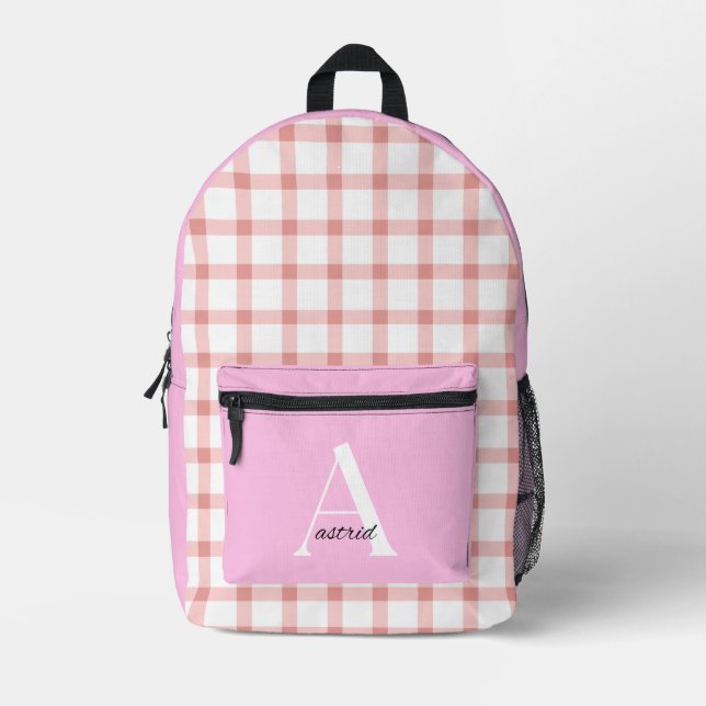 A Girl's Personalised Pink Gingham Monogram  Printed Backpack (Front)