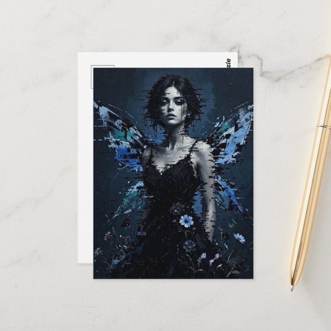 A Glitch Fairy with Blue Flowers Postcard (Front/Back In Situ)