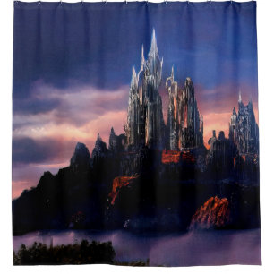A gloomy fairy-tale castle on a mountain among the shower curtain
