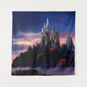 A gloomy fairy-tale castle on a mountain among the tapestry