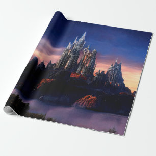 A gloomy fairy-tale castle on a mountain among the wrapping paper