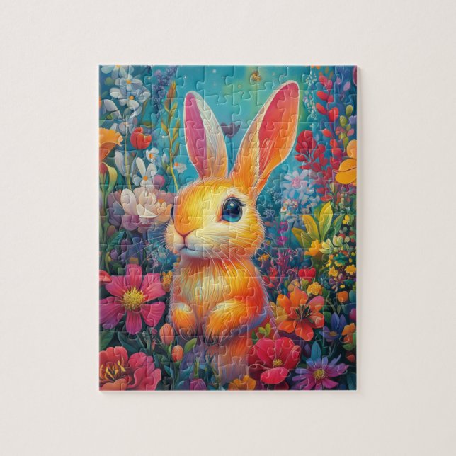 A glowing bunny in a vibrant garden jigsaw puzzle (Vertical)