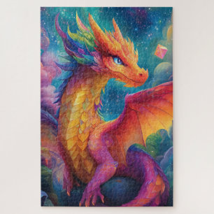 A glowing neon-coloured dragon jigsaw puzzle