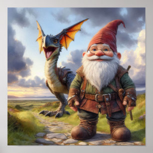 A Gnome Warrior Posing with his Dragon Poster
