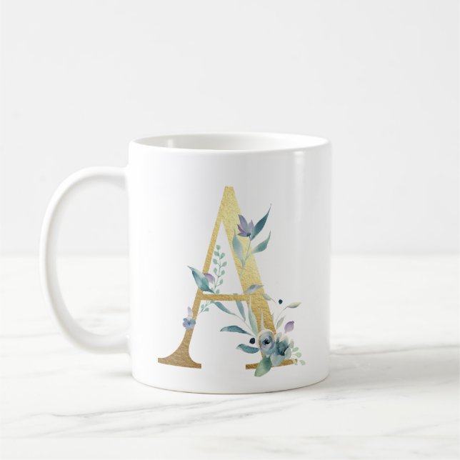 A,  gold initial with blue floral foliage coffee mug (Left)