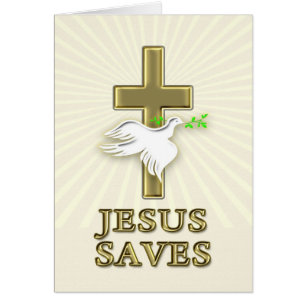 A Golden cross with a white dove and Jesus Saves