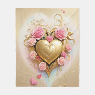 A golden heart surrounded by delicate pink roses  fleece blanket