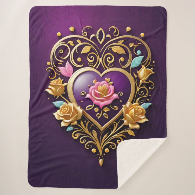 A golden heart with intricate filigree  sherpa blanket (Front)