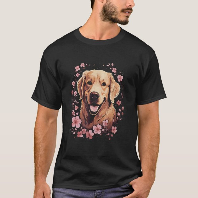 A Golden Retriever surrounded with Cherry Blossom T-Shirt (Front)