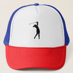 A golf hat, a silhouette of an athletic person trucker hat
