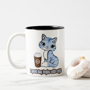 A Good Day Begins With Coffee   Cats And Coffee Two-Tone Coffee Mug