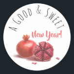 A Good & Sweet New Year! Holiday Pomegranates Classic Round Sticker<br><div class="desc">Happy Rosh Hashanah Jewish New Year Holiday Pomegranates Watercolor Illustration. Shana Tova! Hebrew Wishes text. "A Good & Sweet New Year!" Calligraphy Text, Pomegranates Watercolor Illustration - for Back Side design. Vintage, Autumn Holiday Festival, Birthday, Sukkot. Judaica. Hand Drawn Watercolor. Crafts & Party Supplies > Gift Wrapping Supplies > Stickers...</div>