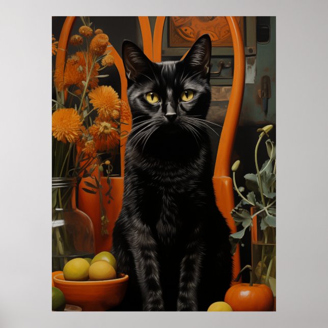 A Gorgeous Black Cat in an Orange Chair Poster (Front)