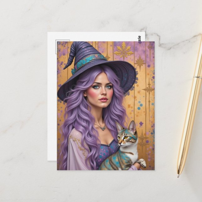 A Gorgeous Witch and her Cat Postcard (Front/Back In Situ)