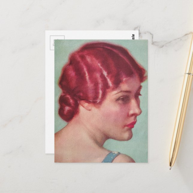 A Gorgeous Woman in 1930 With Red Hair Postcard (Front/Back In Situ)