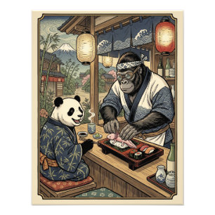 A gorilla who became a sushi chef -Ukiyo-e Style- Photo Print