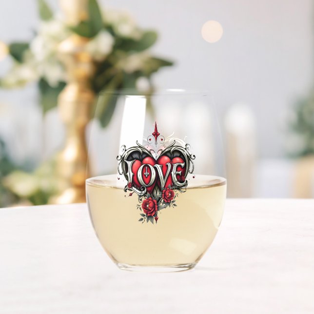A gothic romance. An ornate, gothic-style  Stemless Wine Glass (Insitu (Wedding))