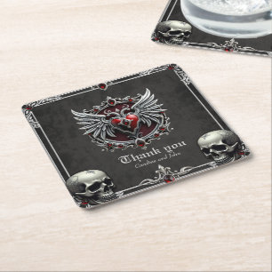 A Gothic symbiosis, elegant haert and skulls. Square Paper Coaster