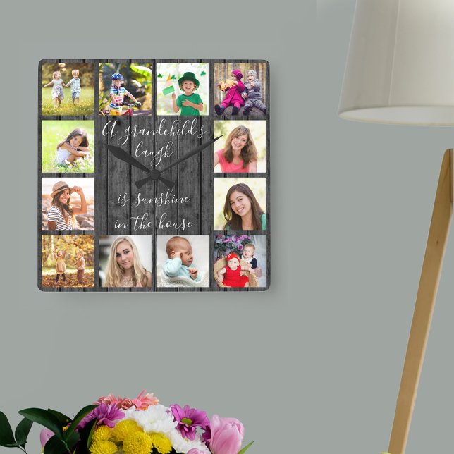A Grandchild's Laugh Quote 12 Photo Grey Wood Square Wall Clock (Grey wood effect photo clock for grandparents or grandchildren)