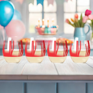 A graphic design featuring bold red and orange sha stemless wine glass
