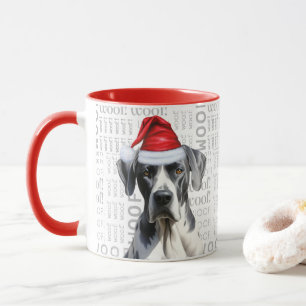 A Great Dane Santa on Woof Background Mug