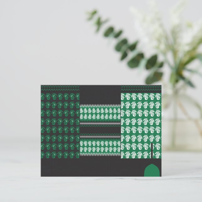 a green and black pattern with a tree in the middl postcard (Standing Front)