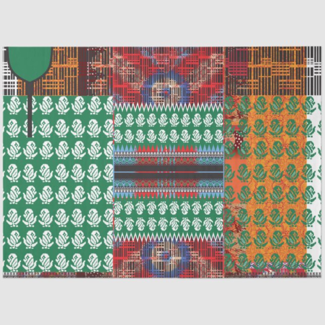 a green and black pattern with a tree in the middl tissue paper (Front)