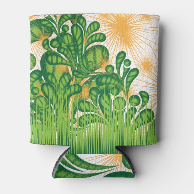 A green and gold artistic pattern depicting a tree can cooler (Front)