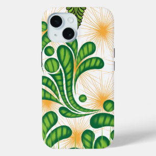 A green and gold artistic pattern depicting a tree iPhone 15 case