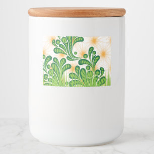 A green and gold artistic pattern depicting a tree food label