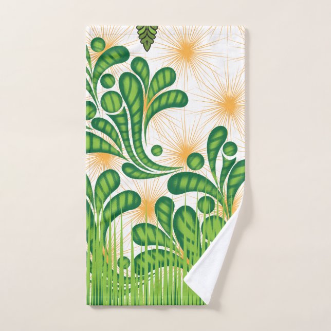 A green and gold artistic pattern depicting a tree hand towel (Hand Towel)