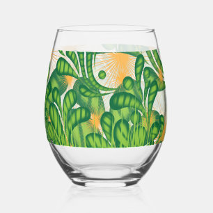 A green and gold artistic pattern depicting a tree stemless wine glass