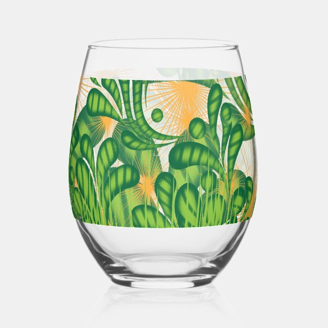 A green and gold artistic pattern depicting a tree stemless wine glass (Front)