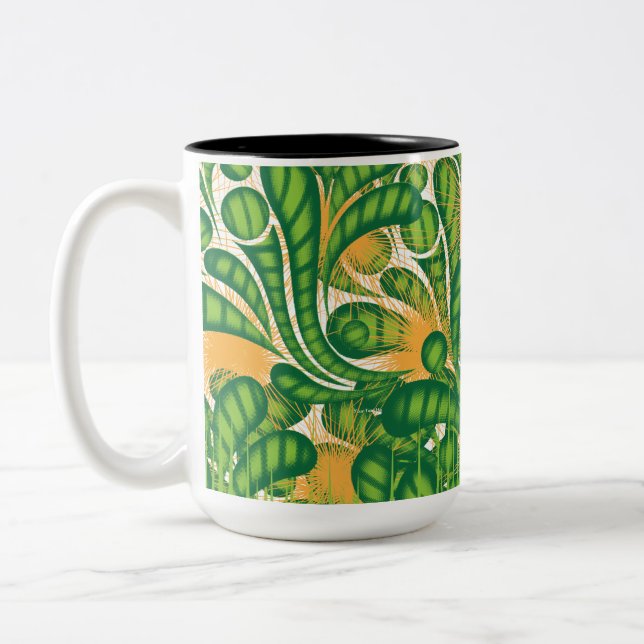 A green and gold artistic pattern depicting a tree Two-Tone coffee mug (Left)