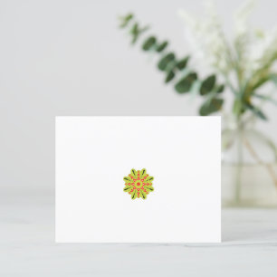 a green and red flower with black dots postcard