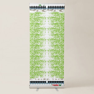 a green and white background with small dots retractable banner