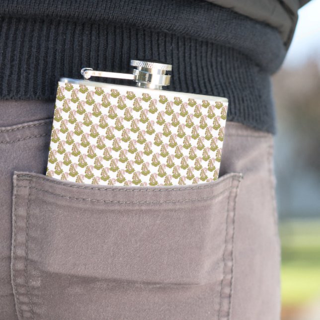 a green and white background with small leaves hip flask (In Situ)