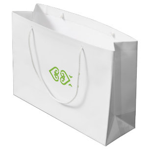 a green and white logo with a stylised design large gift bag