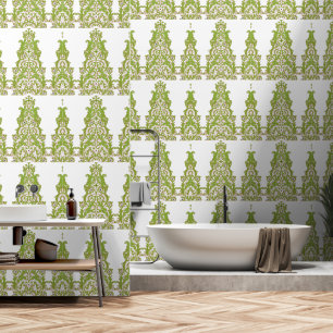 a green and white wallpaper with ornate designs