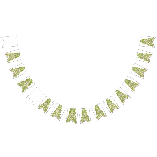 a green and white wallpaper with ornate designs bunting  (All)