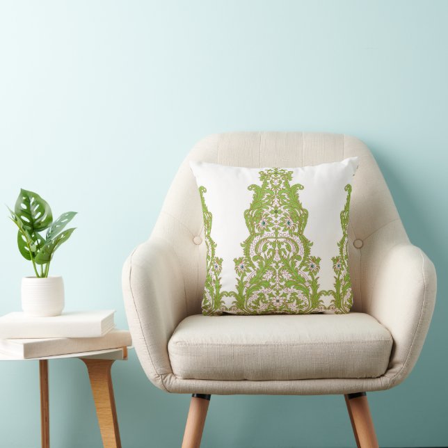 a green and white wallpaper with ornate designs cushion (Chair)